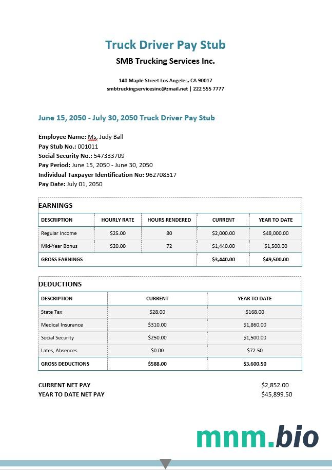 SMB trucking services Inc. pay stub w formatach PDf i Word